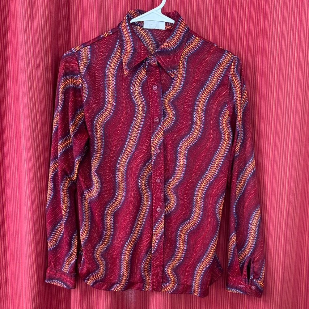 Vintage 70s Red and Painbow Patterned Shirt Polyester women’s small or men’s XS